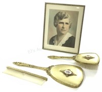 (4pc) Vintage Dresser Set Pieces, Mirror, Photo