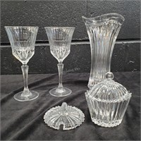 Heavy Glass Vase, wine glasses & dish - H