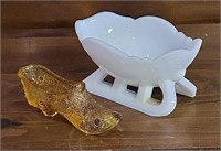 VTG Milk Glass Santa Sleigh & Amber Glass Shoe