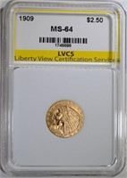 1909 $2.50 GOLD INDIAN, LVCS CH/GEM BU