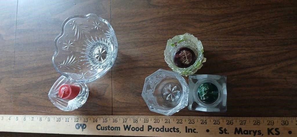 Crystal bowl and candle holder and 3 other candle