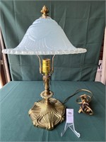 Crescent Brass Table Lamp w/ Pale Blue Glass Shade