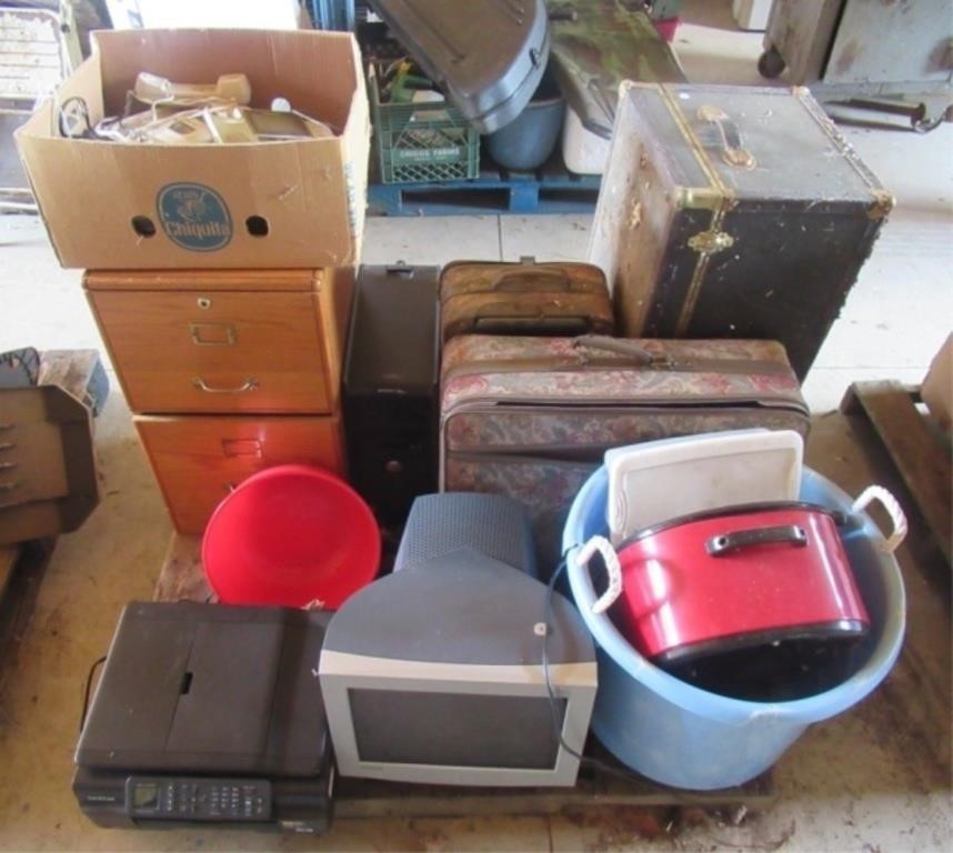 Pallet that includes printer, TV, luggage,