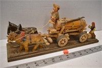 Carved wooden horse drawn wagon scene (14"L)