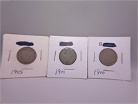 Lot of 3 V Nickels - 1900,1901,1905