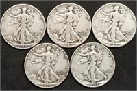 5 Nice Walking Liberty Silver Half Dollars