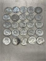 (25) silver Kennedy half dollars 1964