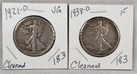 1921-D, ‘38-D Half Dollars  VG-F (Both Cleaned)