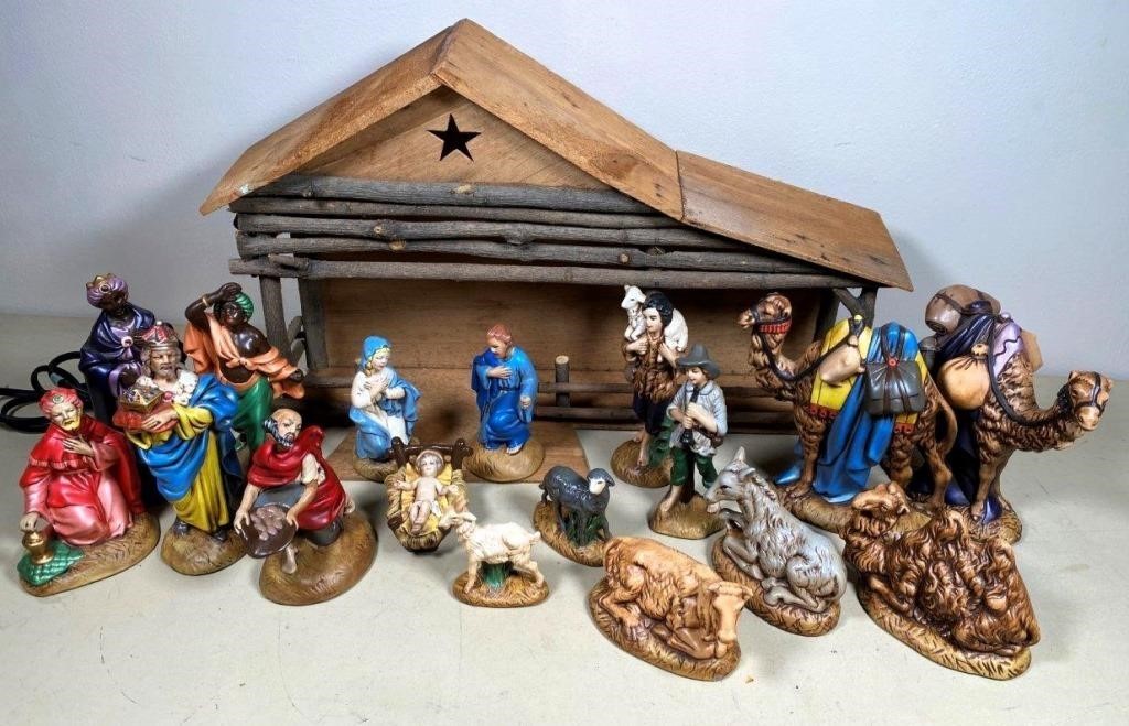 vintage - Mint- ceramic nativity w/ manger