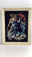 Vintage Velvet painting, bullfighter with bull,