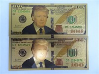 2 Novelty Gold Plated Trump 100 Dollar Notes