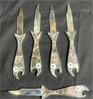 5 silver plate fish-form bottle/letter openers