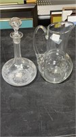 Clear Glass Pitcher & Etched Decanter