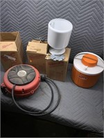 3 Heat-a-lamp fixtures, water jug, mini hose reel