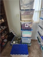 8 totes with contents, Jars, towels, blankets ++.
