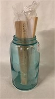 BALL JAR BLUE MARKED B 2 AND 2 WOODEN HAND FANS