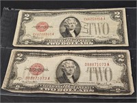 2- 1928- D & G,  Red Seal $2 Dollar Bills