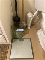 Bathroom scale, trashcan, to plungers, toilet
