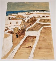 VINTAGE WATERCOLOR GREEK ISLAND TOWN VIEW SIGNED