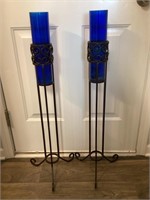 Two Candle Holders with Blue Globes