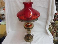 Dresser lamp w/ red shade & chimney