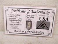 5 Grains 99.9 Fine Silver American Certified