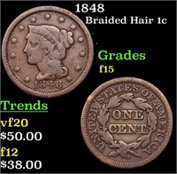 1848 Braided Hair Large Cent 1c Grades f+