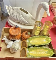 Flat with ceramic corn holders, fall décor,