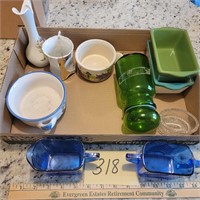 Box Lot of Blue and Green Glass, Etc.