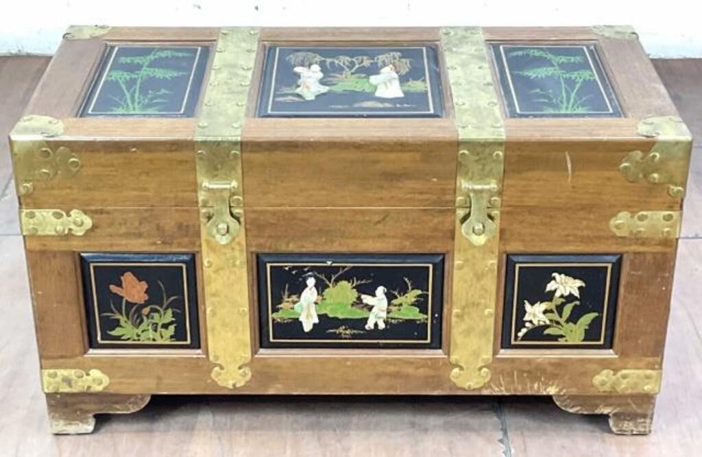Chinese Hand Painted Wood & Brass Chest Trunk
