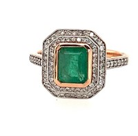 14ct rose gold emerald (1.23ct) & dia ring
