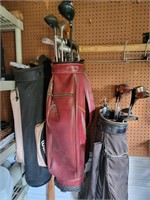 Assorted Golf Bags, Clubs, Balls, and Basket