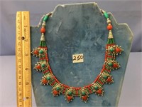 Turquoise and coral with silver alloy necklace