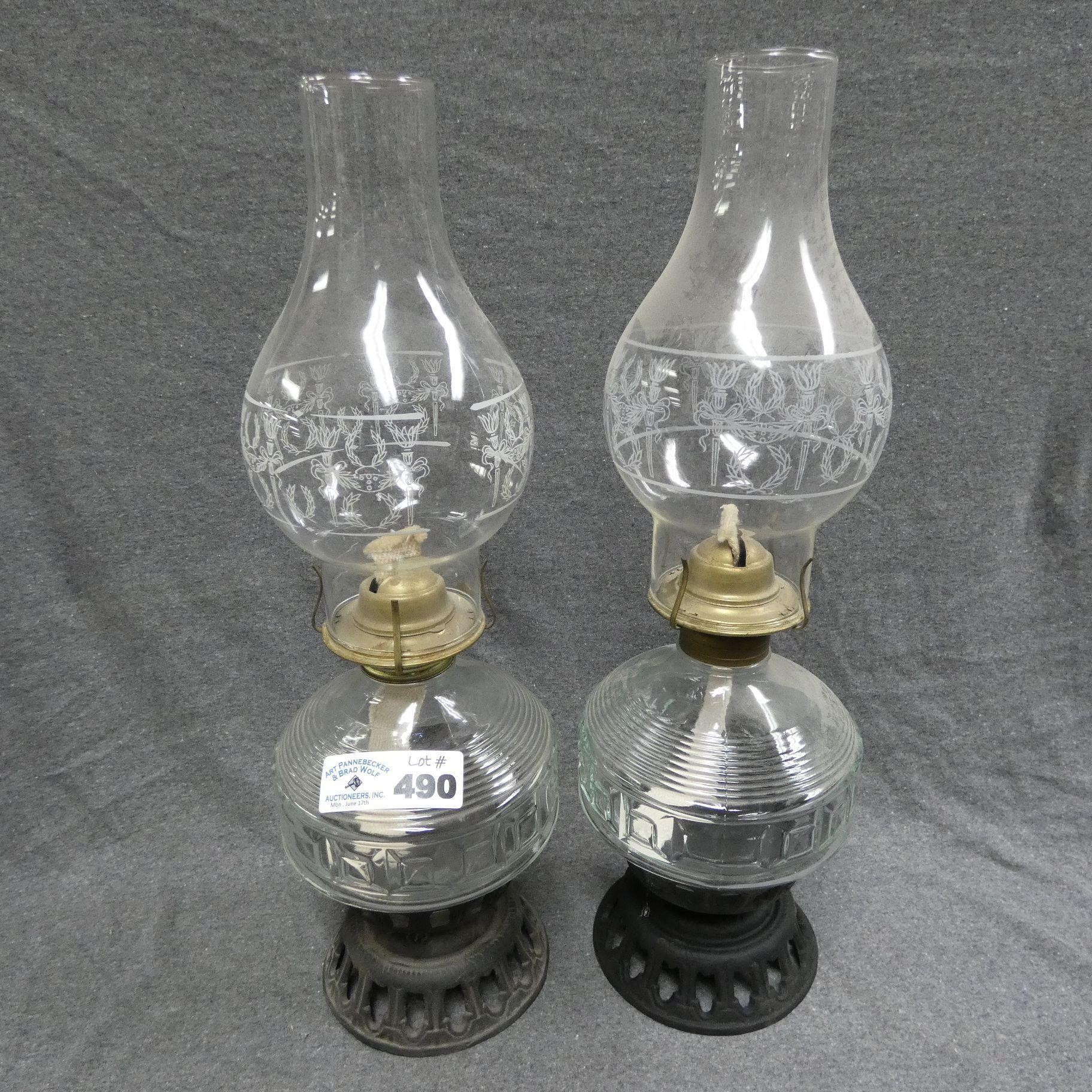 Pair of Glass Oil Lamps w/ Cast Iron Bases