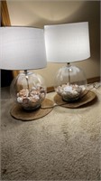 (2) seashell-filled glass base table lamps with