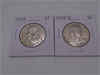 (2) 1958d/59 Silver Franklin Half Dollar Coins