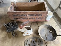 Vintage wood ammo box with misc