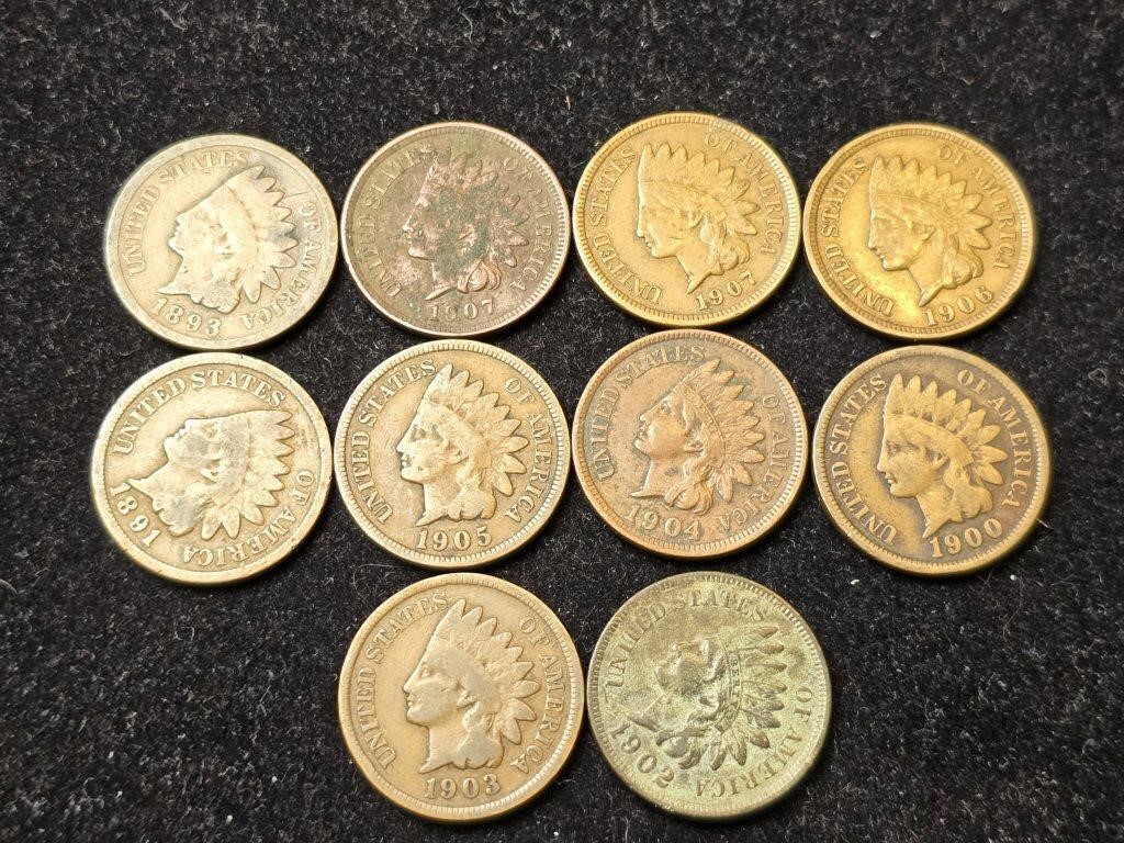 Various Dates Indian Head Cents (10) 1891-1907