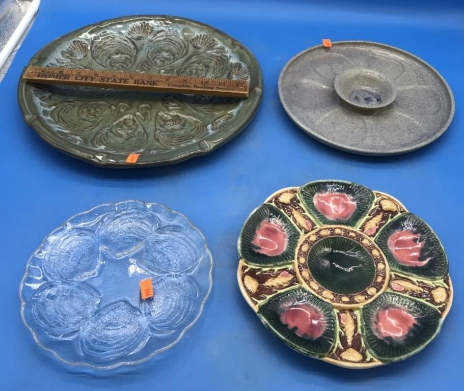 4 Glass & Pottery Oyster Plates Of All Sizes