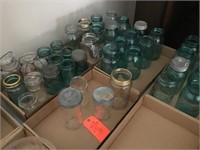 6 boxes, blue Ball jars, zinc lids, covered jars