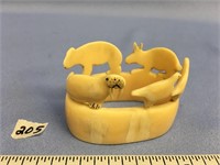 Ivory napkin ring with 5 animals on top, rabbits,