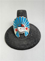 Sterling Zuni Turquoise/Coral Chief Head Ring 7 Gr