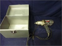 METAL FILE BOX WITH CORDED IMPACT DRILL.