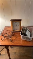 Clock, metal basket, picture frames