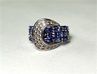 Sterling Signed Tanzanite/CZ Buckle Ring 7 Gram