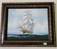 Framed oil on canvas, 15.5 x 18.5" sailing ship
