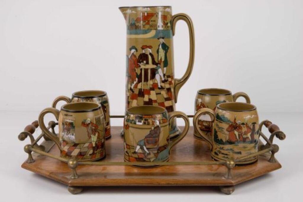 Buffalo Pottery Deldare Drinking Set w/ Wood Tray.