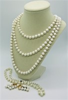 Vintage White Beaded Necklace Earring Set