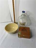 Cider Jug cigarbox and USA yellow bowl with crack