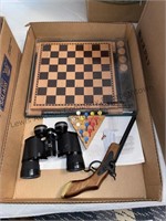 Checkers & peg game, binoculars & toy pistol